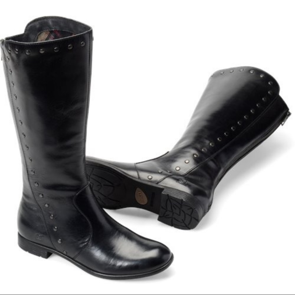 Born Larsen Black Mid-Calf Studded Leather Boot Full-Zip Back